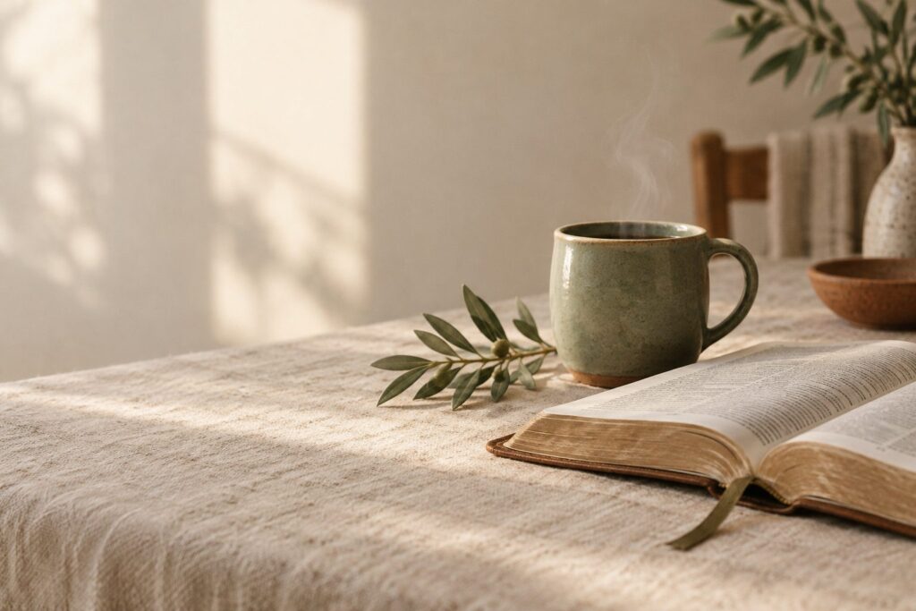 A sage green coffee mug beside an open Bible on a linen tablecloth in morning light